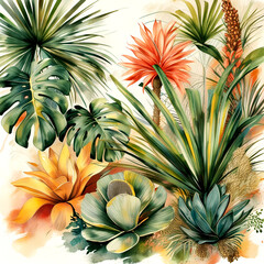Obraz premium Tropical botanical garden filled with diverse lush plants and vibrant flowers in bloom