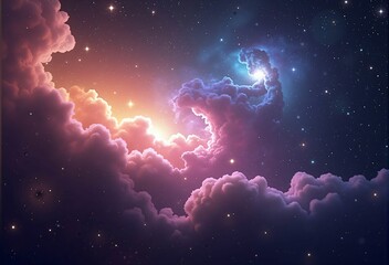 Fototapeta premium Dreamlike Clouds and Radiant Light in a Cosmic Landscape with Starry Sky