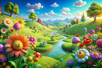 Colorful Cartoon Flowers in a Vibrant Landscape Scene for Nature Lovers
