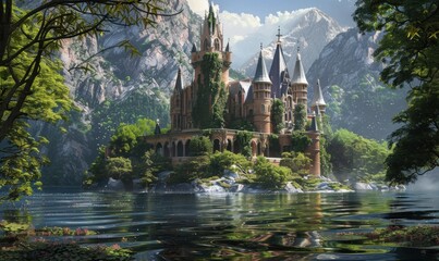 Majestic castle surrounded by lush greenery, 4K hyperrealistic photo.