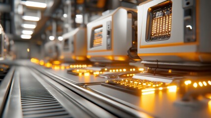 Futuristic computer servers with glowing orange accents in a data center 