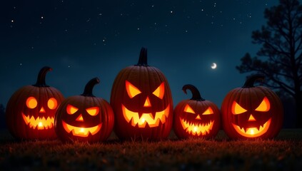 Carved Pumpkins Glowing Under a Starry Night Sky with a Misty Ambiance