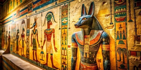 Tilt-shift photography captures Anubis art beautifully on an ancient Egyptian tomb wall, blending modern techniques with historic reverence for the