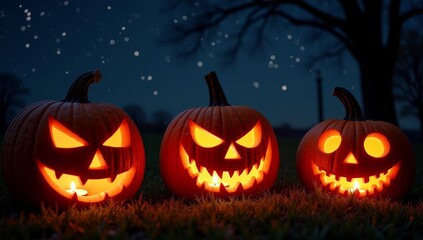 Carved Pumpkins Glowing Under a Starry Night Sky with a Misty Ambiance