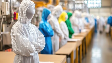 A line of faceless mannequins in protective suits stands in a factory setting, showcasing various colors and design.