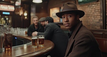 An African American man sits in a cozy underground bar in New York City, wearing a vintage coat and a large brown hat, glancing thoughtfully to the side during Christmas 2036.