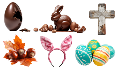 Collection set of Easter colourful hand painted decorated eggs, chocolate rabbit egg, bunny ears, chestnut nut maple leaf, cross on transparent cutout PNG file. Mockup template for design