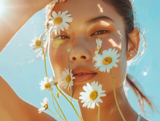 Skincare editorial shoot of an asian model with daisies in front of a blue background