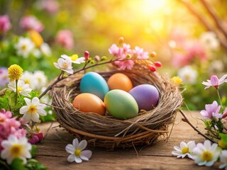 Colorful Easter Eggs in Nest Surrounded by Flowers for Spring Celebrations