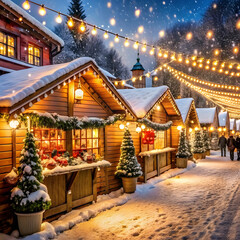 Obraz premium Charming wooden huts adorned with colorful garlands