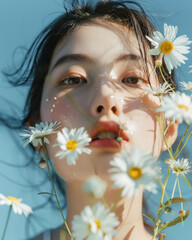 Skincare editorial shoot of an asian model with daisies in front of a blue background