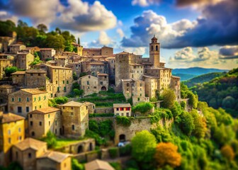 Obraz premium Tilt-Shift Photography of Sorano Tuff City in Tuscany, Italy - A Miniature Wonderland