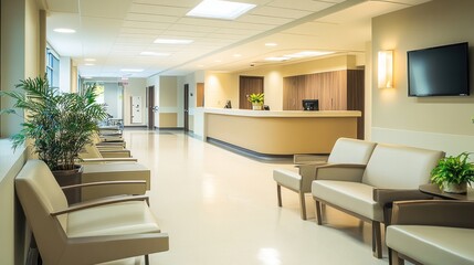 Functional hospital decor with clean lines, calming colors, and sleek furniture for patient comfort
