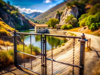 Fototapeta premium Tilt-Shift View of a Dam Gate in Malibu Creek State Park with a Hole in Razor Wire Fence