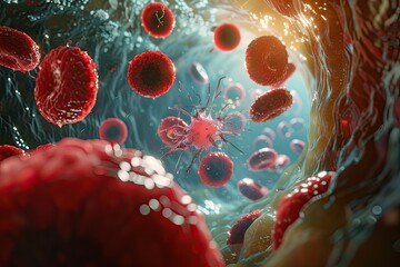 Fototapeta premium Detailed view of leukocytes attacking coronavirus particles inside a blood vessel