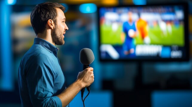 Energetic Sports Commentator Broadcasting Live in a Modern Studio