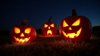 Carved Pumpkins Glowing Under a Starry Night Sky with a Misty Ambiance