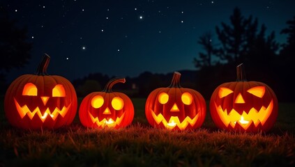 Carved Pumpkins Glowing Under a Starry Night Sky with a Misty Ambiance
