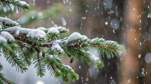 Falling snow and snow-covered branches of a fir tree