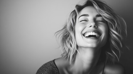 Joyful black and white portrait of a woman laughing in soft light against a neutral background, capturing pure happiness and spontaneity