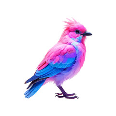 A colorful, abstract bird with vibrant pink, blue, and purple fur sitting against a white background