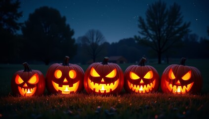 Carved Pumpkins Glowing Under a Starry Night Sky with a Misty Ambiance