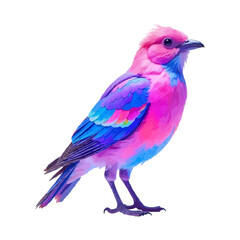 A colorful, abstract bird with vibrant pink, blue, and purple fur sitting against a white background