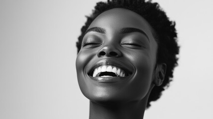 Captivating close-up portrait of a laughing black woman against a neutral gray backdrop showcasing pure joy and emotion