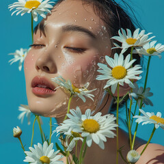 Skincare editorial shoot of an asian model with daisies in front of a blue background