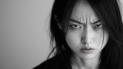 Close-up portrait of an angry Asian woman expressing raw emotion in black and white with a minimalistic background