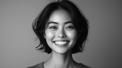 Fototapeta premium Elegant black and white portrait of an Asian woman with a warm smile against a clean, minimalistic background
