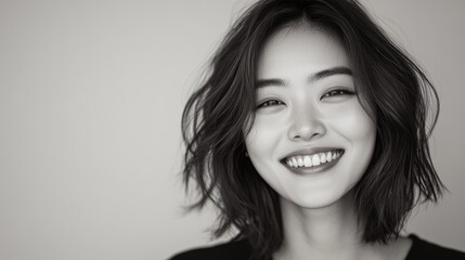 Naklejka premium A joyful Asian woman with a radiant smile captured against a clean, neutral backdrop in a high-contrast black and white style
