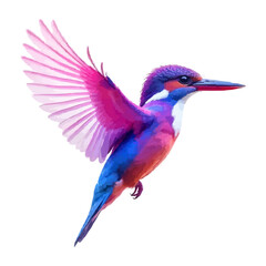 Colorful vector kingfisher water color illustration for logo and illustration.. A colorful, abstract bird with vibrant pink, blue, and purple fur sitting against a white background