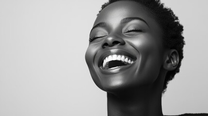 Joyful black woman laughing heartily against a neutral backdrop, showcasing pure emotion and spontaneity in a minimalist style