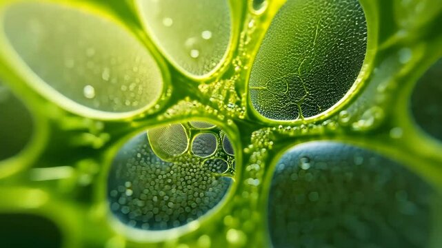 Microscopic Close-Up: Green Cellular Structure with Bubbles and Intricate Textures