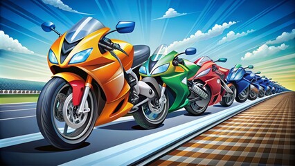 Colorful Racing Bikes on Start Line - High-Speed Motorcycles in Vibrant Colors for Dynamic Illustrations
