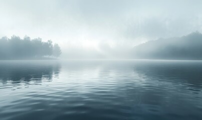 Foggy morning over a calm lake with mist rising from the water, 4K hyperrealistic photo