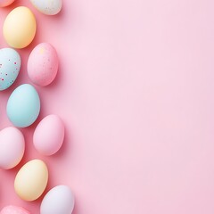 Colorful Easter eggs arranged on a pastel pink background, symbolizing spring and celebration.