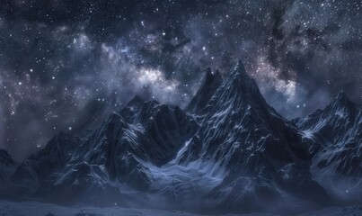 Majestic mountain peaks under a starry night sky, 4K hyperrealistic photo