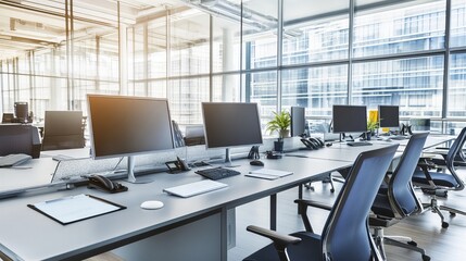 Modern Office Workspace:  A clean and minimalist workspace with modern office chairs and desks in an open-plan office setting. The image conveys a sense of productivity, efficiency.