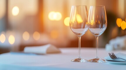 Two Elegant Crystal Wine Glasses on a White Tablecloth Surrounded by Blurred Candle Lights at a Romantic Restaurant Setting