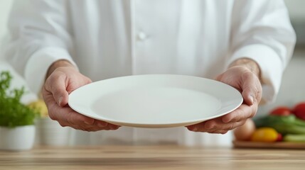 Professional chef in a modern commercial kitchen holding an empty white plate ready for culinary creation and presentation