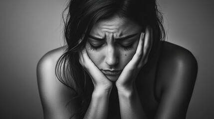 Obraz premium A minimalistic black and white portrait capturing the sorrowful expression of a woman in quiet despair against a plain backdrop