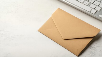 Open brown paper envelope revealing contents next to a sleek white computer keyboard on a clean white table surface.