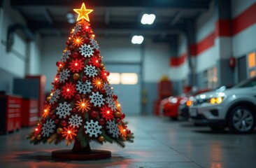 Decorative Christmas tree made car gears and spruce branches different sizes,golden star burns on top,tree decorated with garland with lights. Car repair shop blur.Creative concept,advertising banner