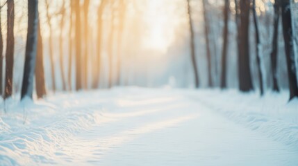 Naklejka premium A Serene Wintry Forest Path Surrounded by Majestic Snow-Covered Trees with Bright Sunlight Filtering Through the Canopy