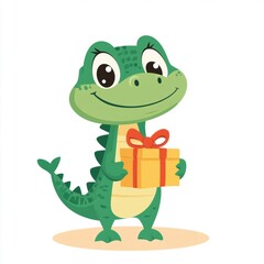 Fototapeta premium Cute alligator holding a gift box isolated over white background.