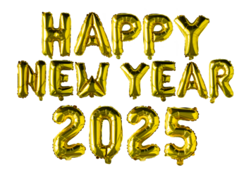 A gold foil balloon with the words Happy New Year and the number 2025