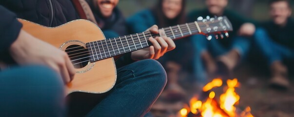 Obraz premium A person playing a guitar by a campfire, surrounded by smiling friends close up The joy of music and togetherness vibrant Double exposure Campfire backdrop