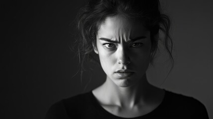 Obraz premium Furious woman captured in intense black and white portrait with sharp focus on emotional expression and subtle lighting